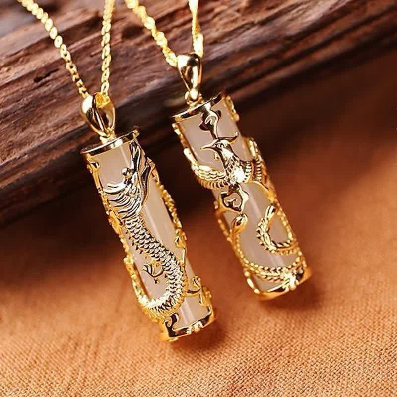 White Jade Dragon Phoenix Necklace | Copper Harmony Pendant