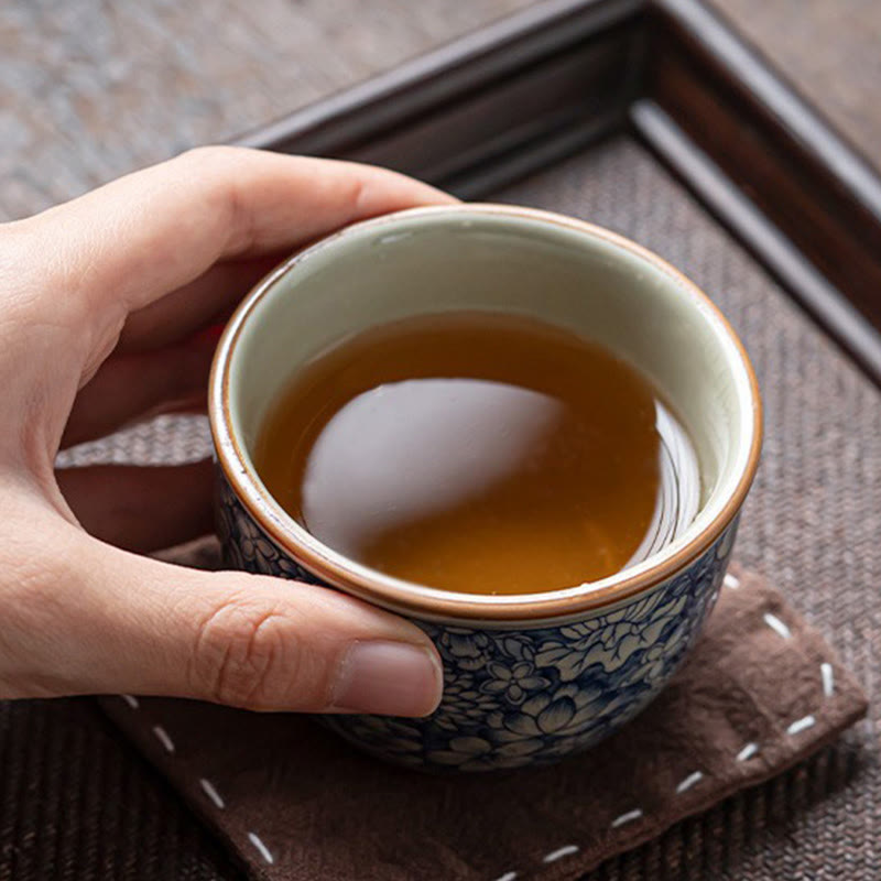 Ceramic Zen Tea Cup with Blue Lotus & Chrysanthemum Design 95ml