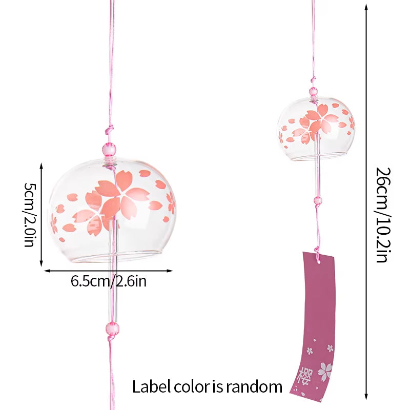 Glass wind chime with pink cherry blossom design and bell for outdoor decor