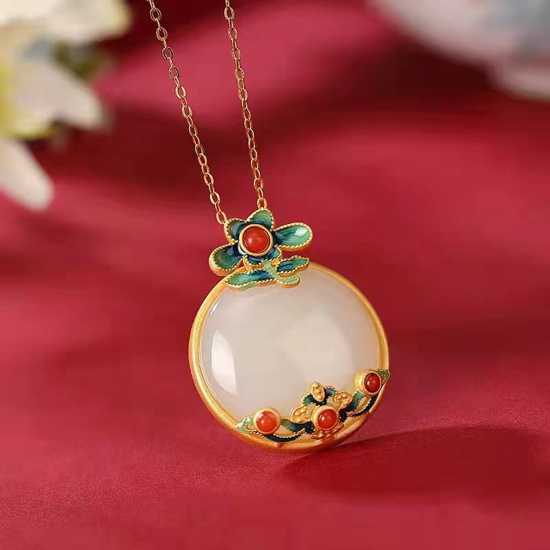 Unisex White Jade Red Agate Blessing Luck Necklace