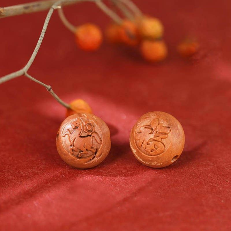 Natural Peach Wood Chinese Zodiac Fu Cinnabar Wealth Bracelet
