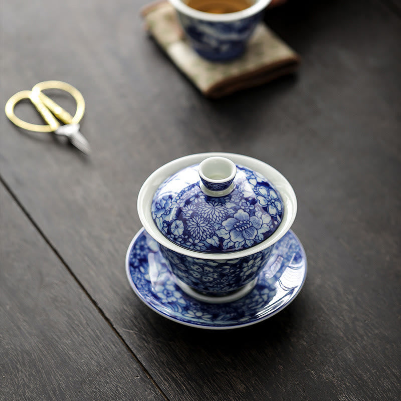 Vintage Blue White Porcelain Gaiwan Tea Cup Set 150ml Meditation