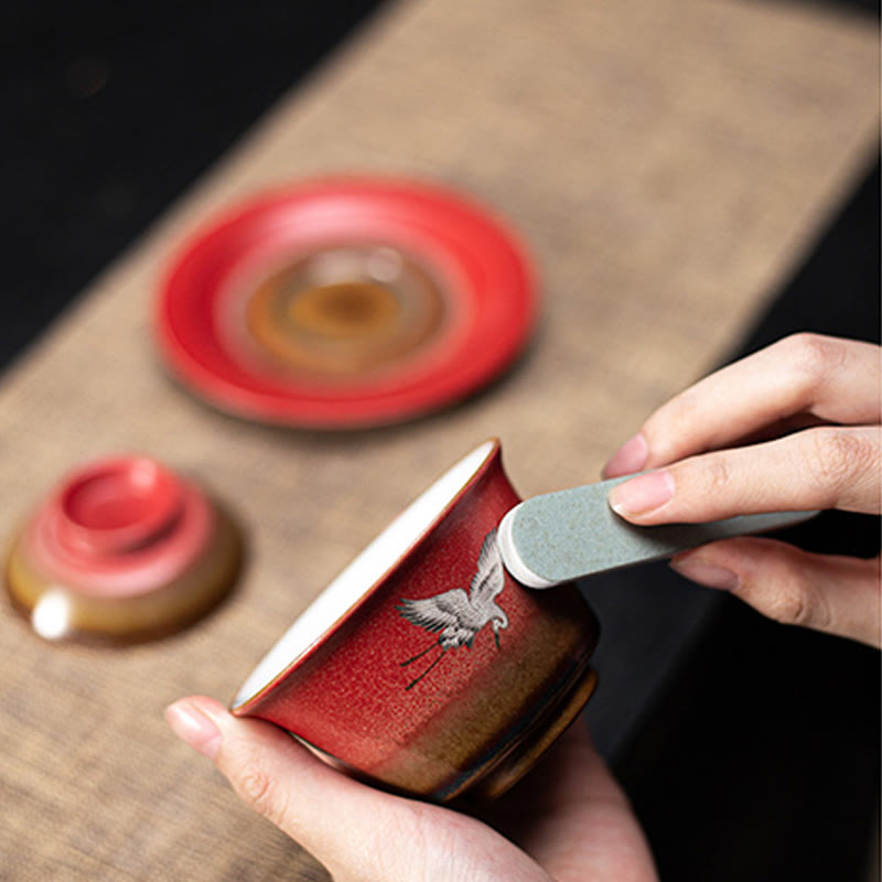 Red Auspicious Crane Ceramic Gaiwan Sancai Teacup | Zen Decor