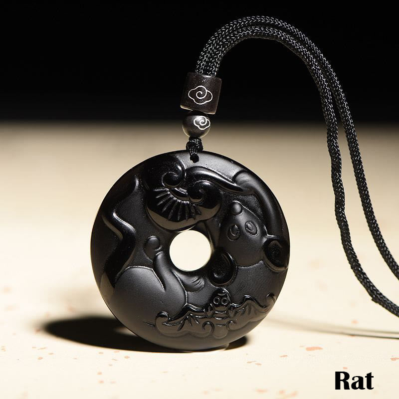 Chinese Zodiac Black Obsidian Strength Necklace Pendant