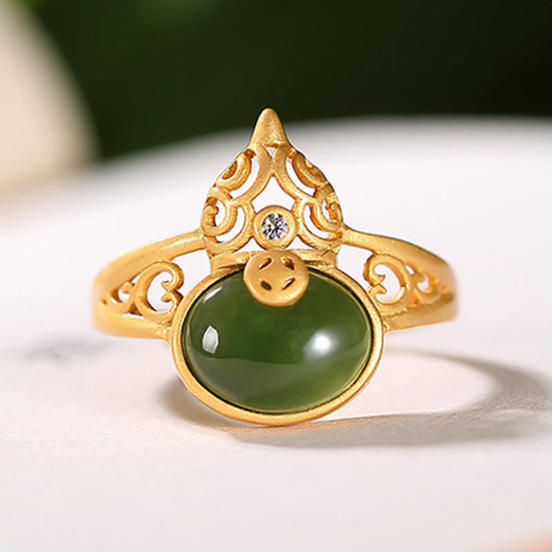 Adjustable Cyan Jade Success & Luck Ring with Copper Coin