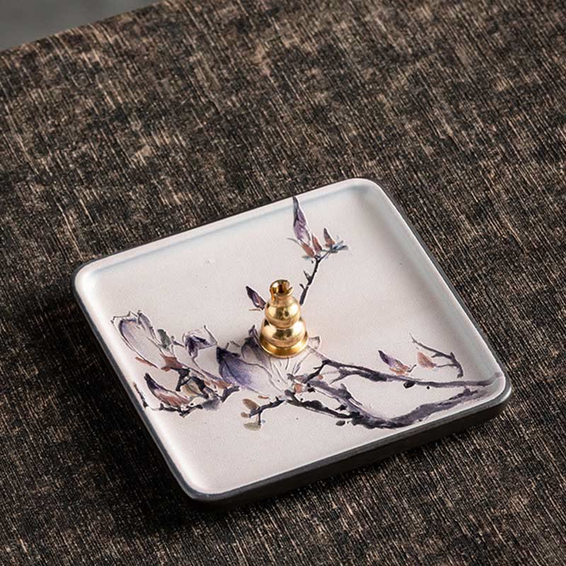 Ceramic Incense Burner Tray with Mountain Lake Flower Leaf Design