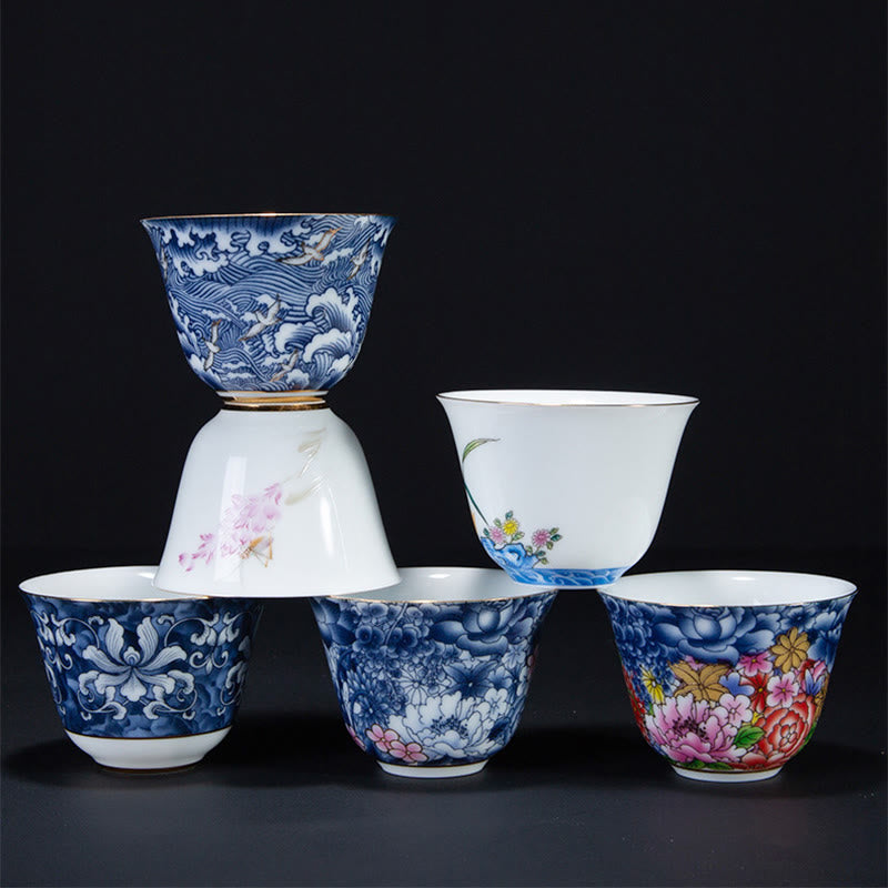 Orchid 70ml Ceramic Chinese Tea Cup with Blue Sea Waves