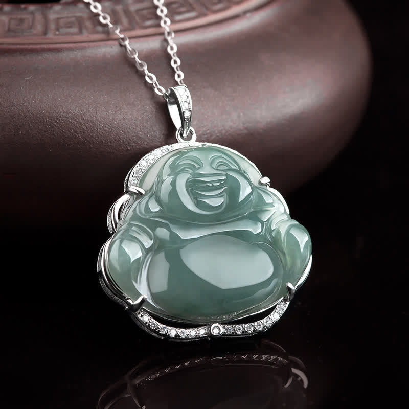 Jade Laughing Buddha Necklace in 925 Sterling Silver for Luck