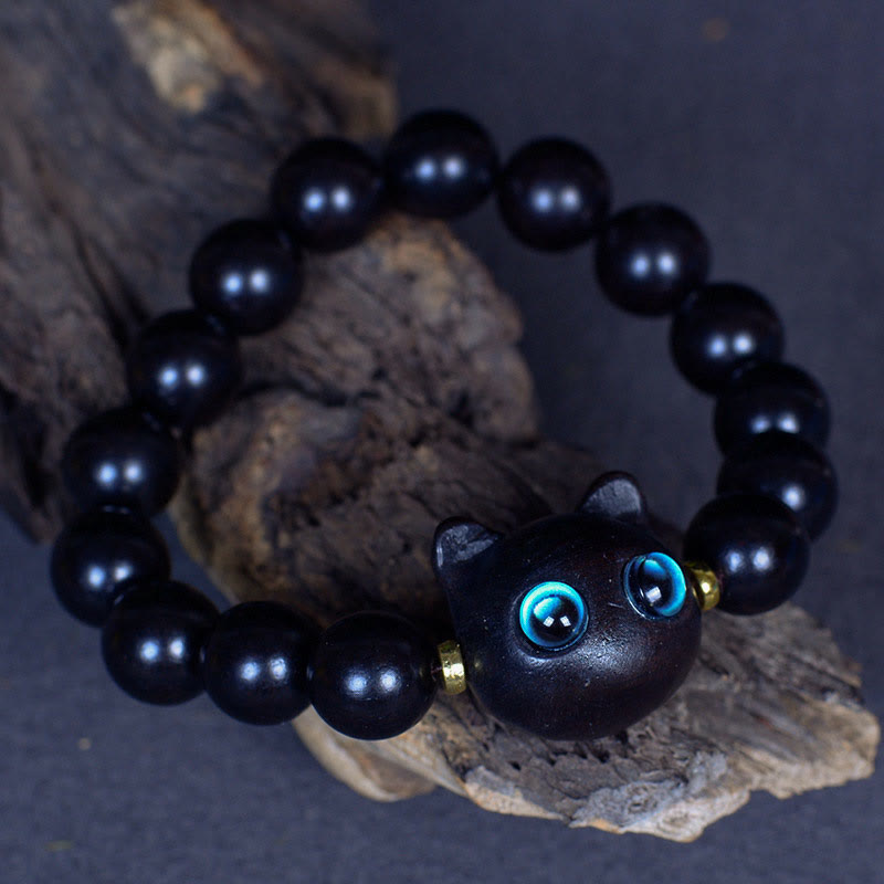 Ebony Wood Peace & Balance Bracelet with Cat Motif