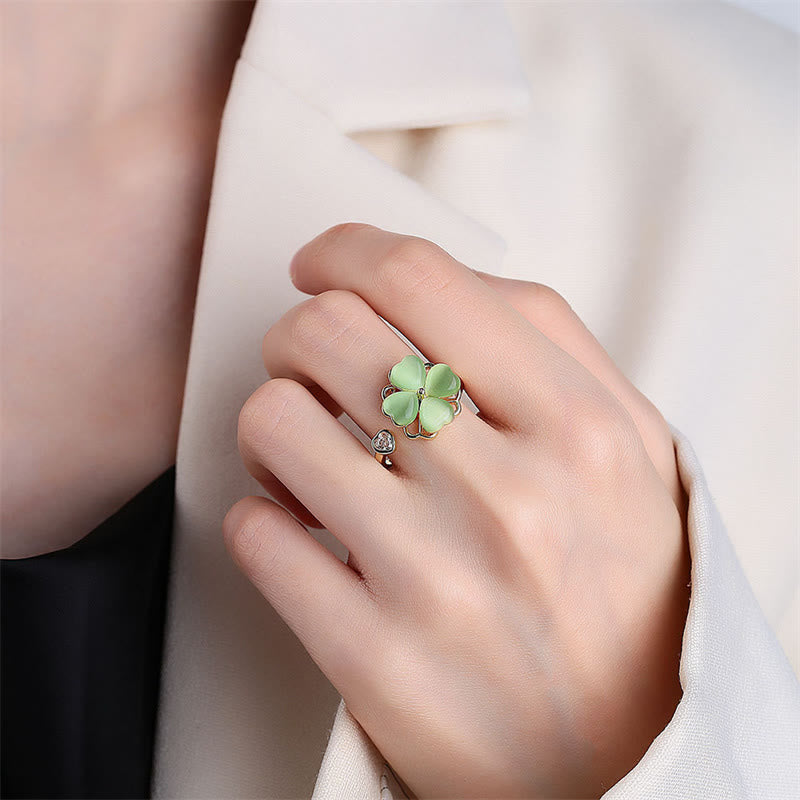Cat's Eye Ring with Rotatable Four Leaf Clover Design