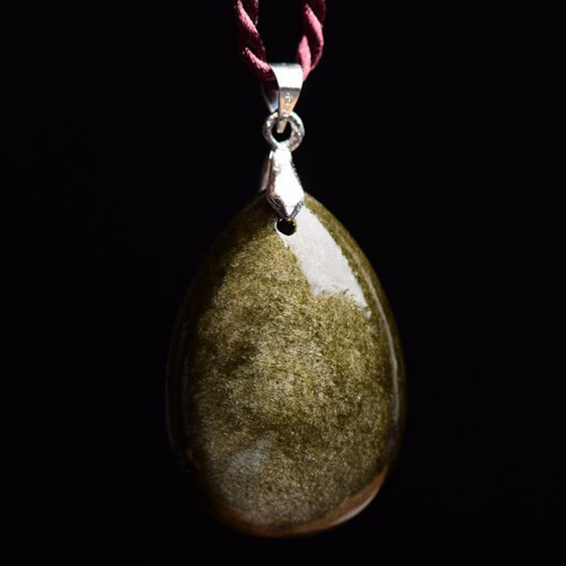 Water Drop Obsidian Necklace Pendant | Gold Sheen & Rainbow Black