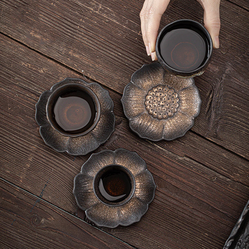 Vintage Lotus Flower Ceramic Tea Mat 9.8cm Brown | Zen Decor