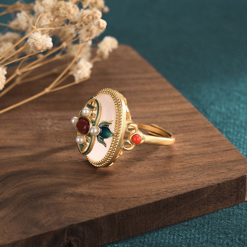 Adjustable White Jade and Red Agate Luck Ring for Protection