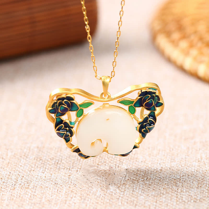White Jade Success Necklace with Elephant Butterfly Lotus
