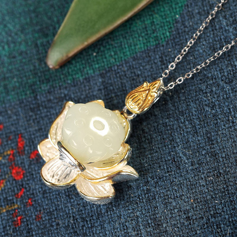 White Jade Lotus Flower Happiness Protection Necklace