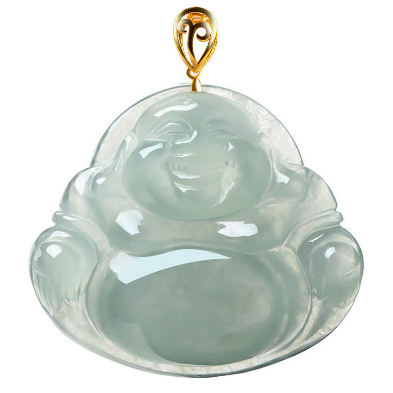 Laughing Buddha Jade Necklace Pendant 18K Gold for Abundance