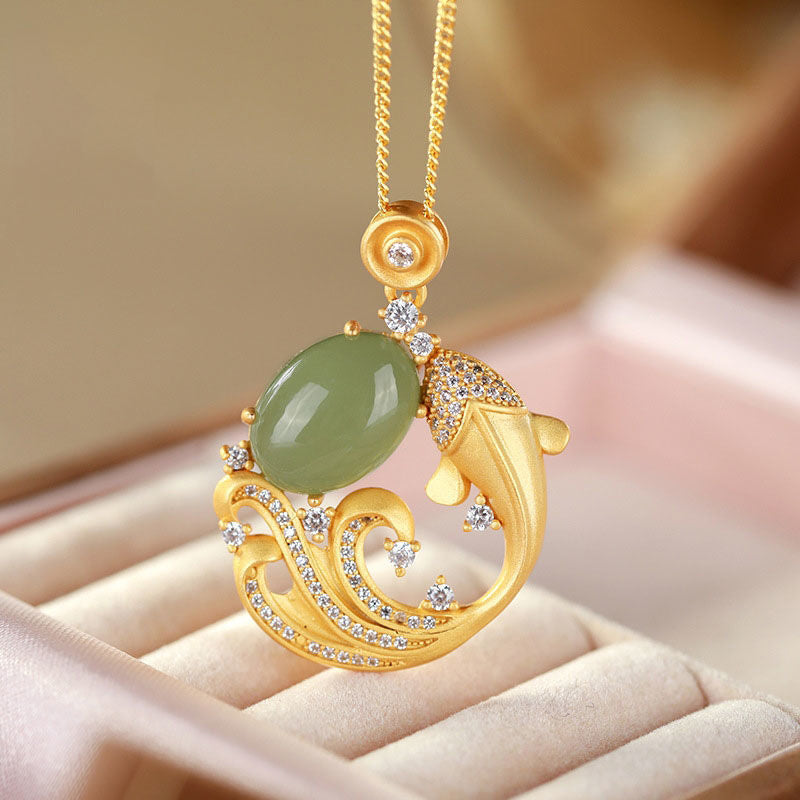 Cyan Jade Koi Fish Healing Necklace 40+5cm Unisex