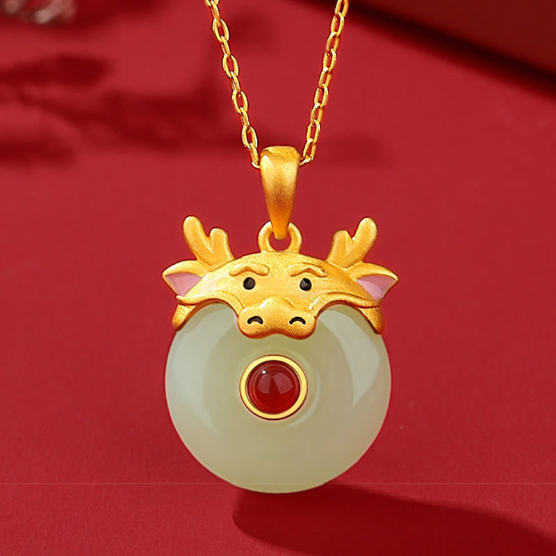 Dragon Zodiac Necklace | Sterling Silver with Hetian Jade & Red Agate