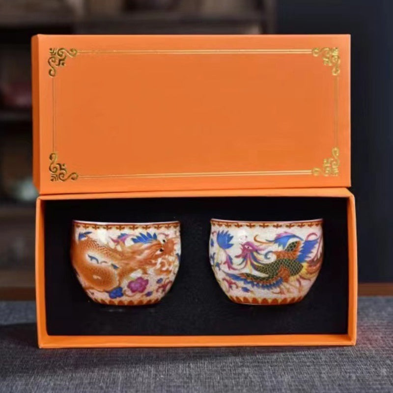 2Pcs Dragon Phoenix Ceramic Tea Cups for Zen Decor
