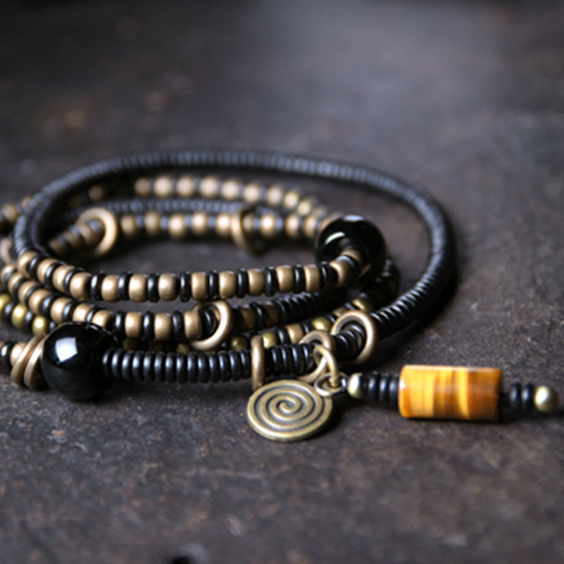 Ebony Wood Dzi Bead Copper Peace Bracelet for Meditation