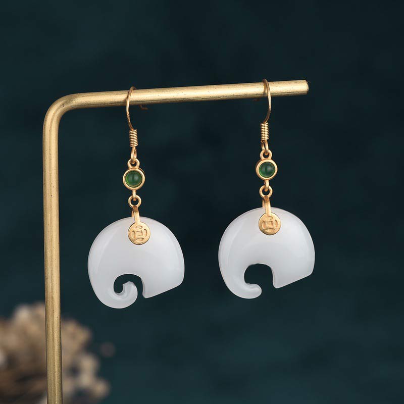 40mm White Jade Elephant Earrings for Fortune & Luck