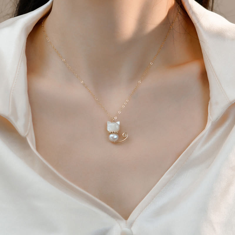 14K Gold Plated Jade Luck Cat Pendant Necklace