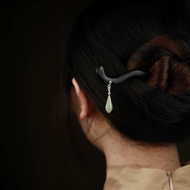 925 Sterling Silver Hetian Jade Ebony Wood Chinese Hairpin for Luck & Calm
