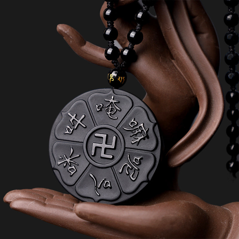 Black Obsidian Om Mani Padme Hum Necklace for Spiritual Luck
