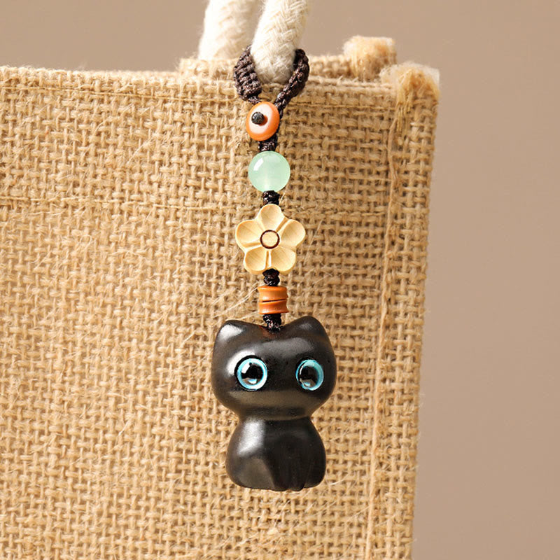 Ebony Wood Lucky Cat Key Chain for Spiritual Peace & Balance