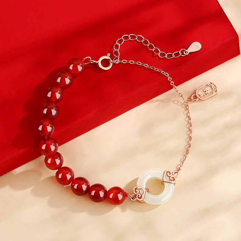 925 Sterling Silver Red Agate White Jade Peace Buckle Jade Bracelet for Confidence