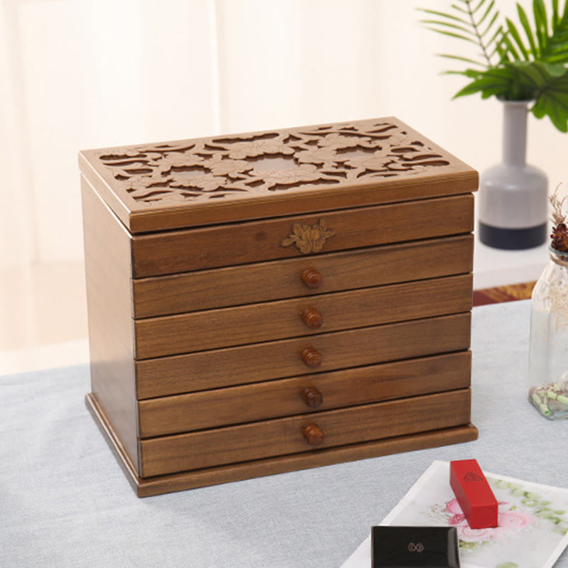 Spacious Six-Layer Vintage Flower Wooden Jewelry Box