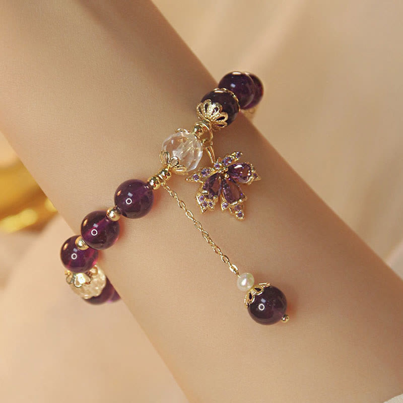 14k Gold Plated Amethyst Healing Bracelet with Maple Leaf Charm