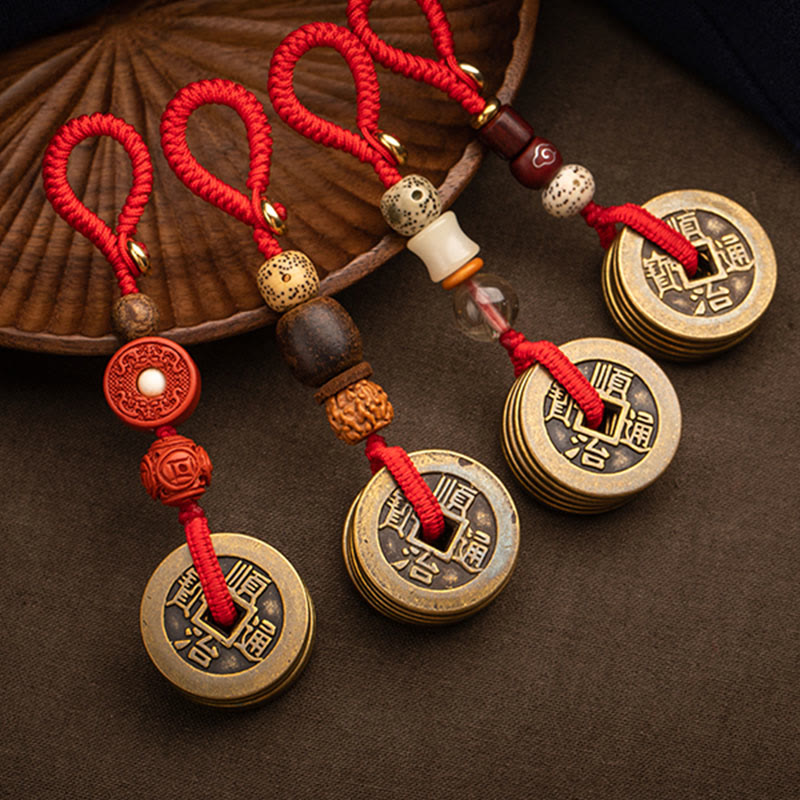 Feng Shui Five Emperor Coins Keychain for Wealth & Protection
