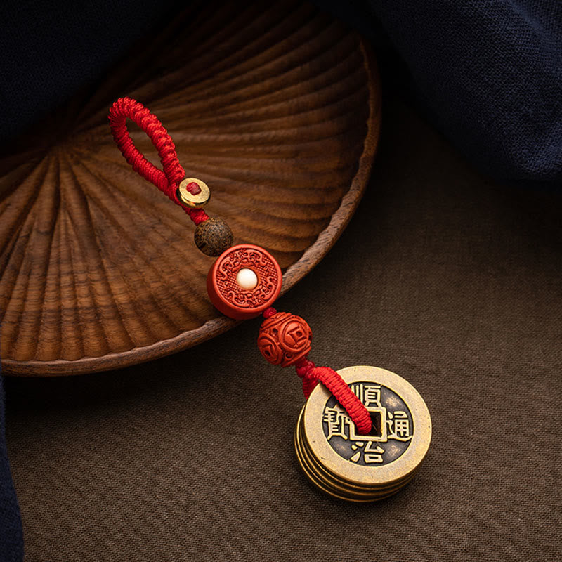 Feng Shui Five Emperor Coins Keychain for Wealth & Protection