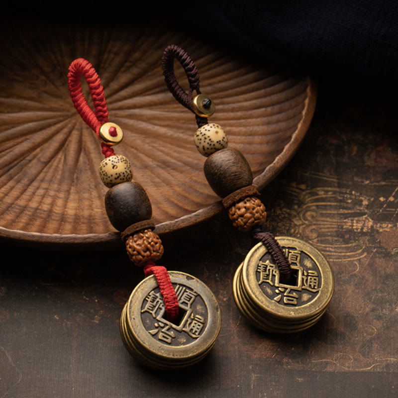Feng Shui Five Emperor Coins Keychain for Wealth & Protection