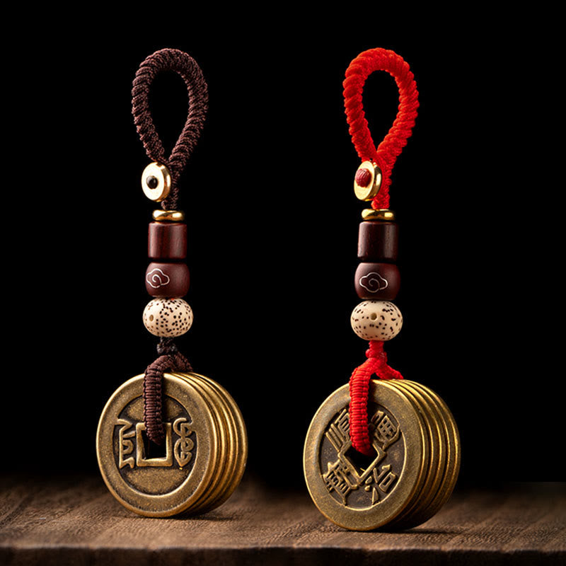 Feng Shui Five Emperor Coins Keychain for Wealth & Protection