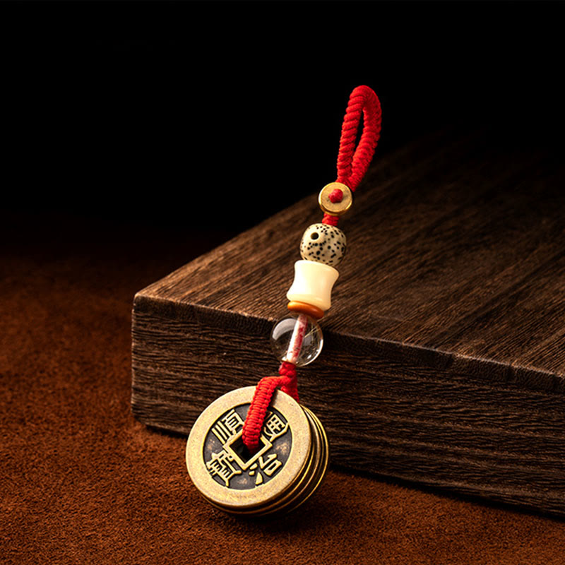Feng Shui Five Emperor Coins Keychain for Wealth & Protection