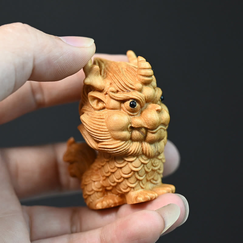 Feng Shui Kirin Boxwood Wood Engraving Spiritual Statue