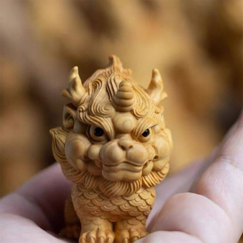 Feng Shui Kirin Boxwood Wood Engraving Spiritual Statue