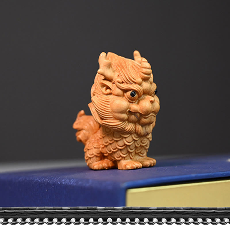 Feng Shui Kirin Boxwood Wood Engraving Spiritual Statue