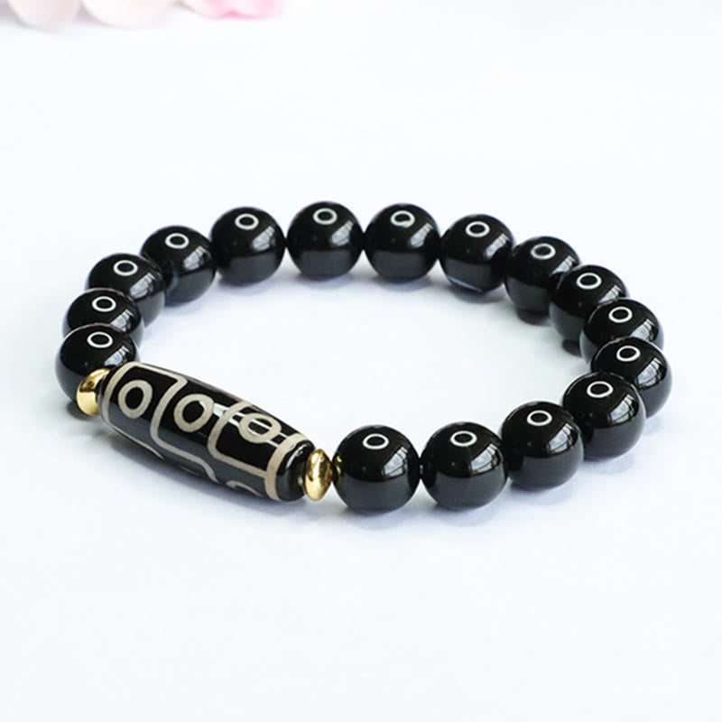 Nine-Eye Dzi Bead Black Onyx Obsidian Bracelet for Protection