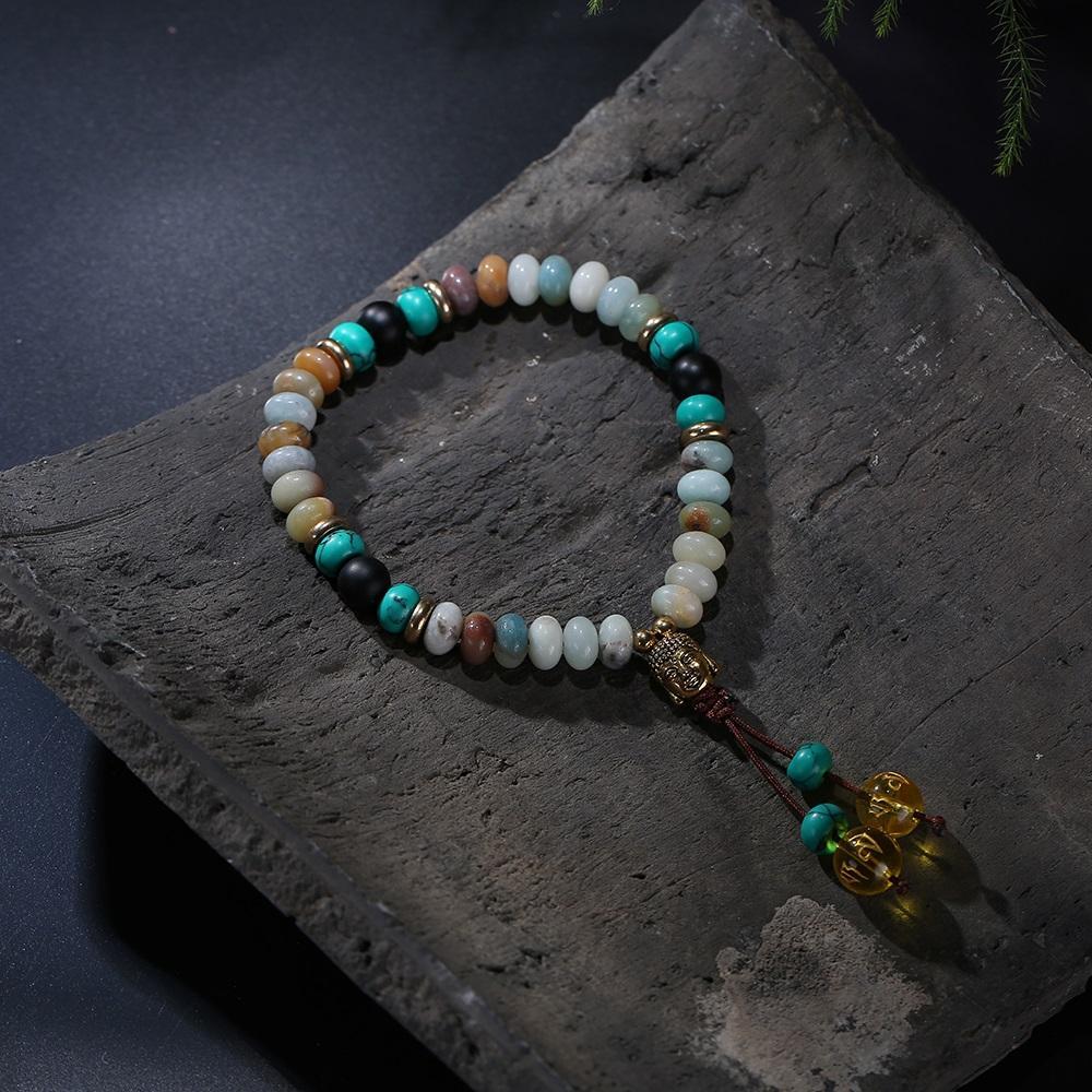 Flat Natural Lapis Lazuli Stone With 6 Syllable Mantra Tassel and Buddha Head Charm Mala Bracelet