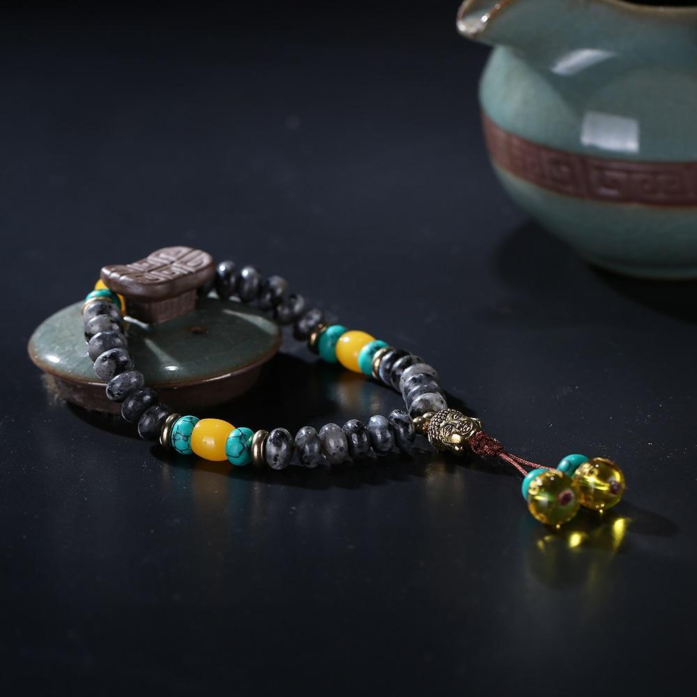Flat Natural Lapis Lazuli Stone With 6 Syllable Mantra Tassel and Buddha Head Charm Mala Bracelet