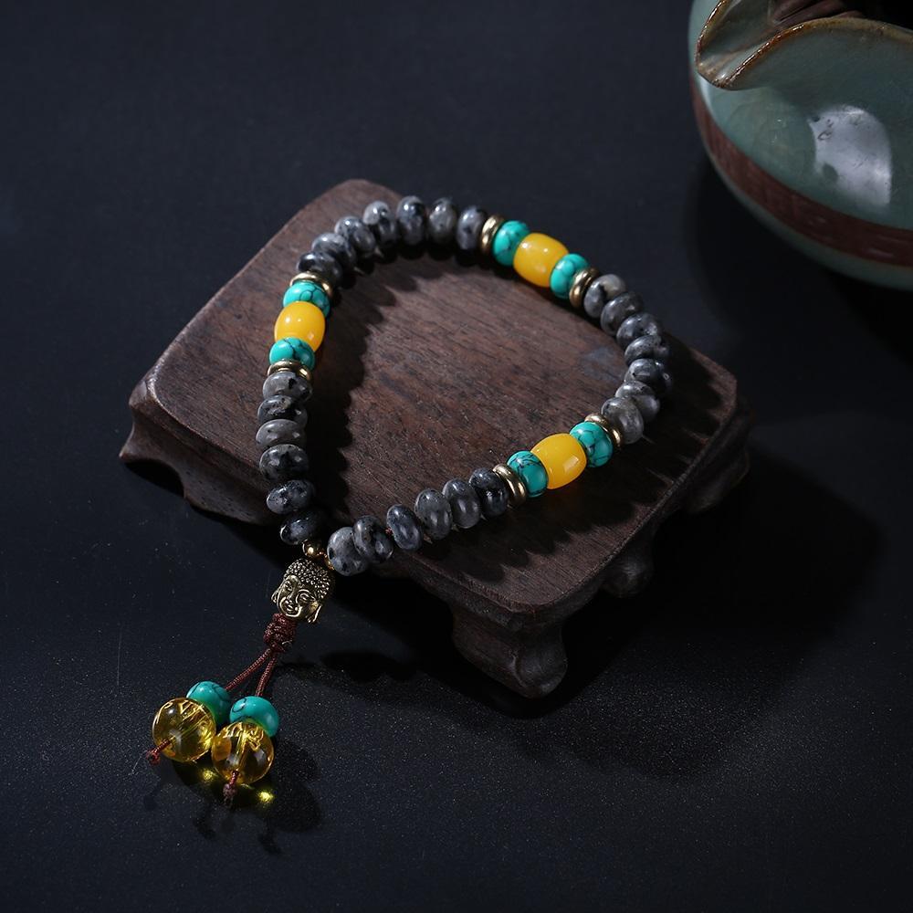 Flat Natural Lapis Lazuli Stone With 6 Syllable Mantra Tassel and Buddha Head Charm Mala Bracelet
