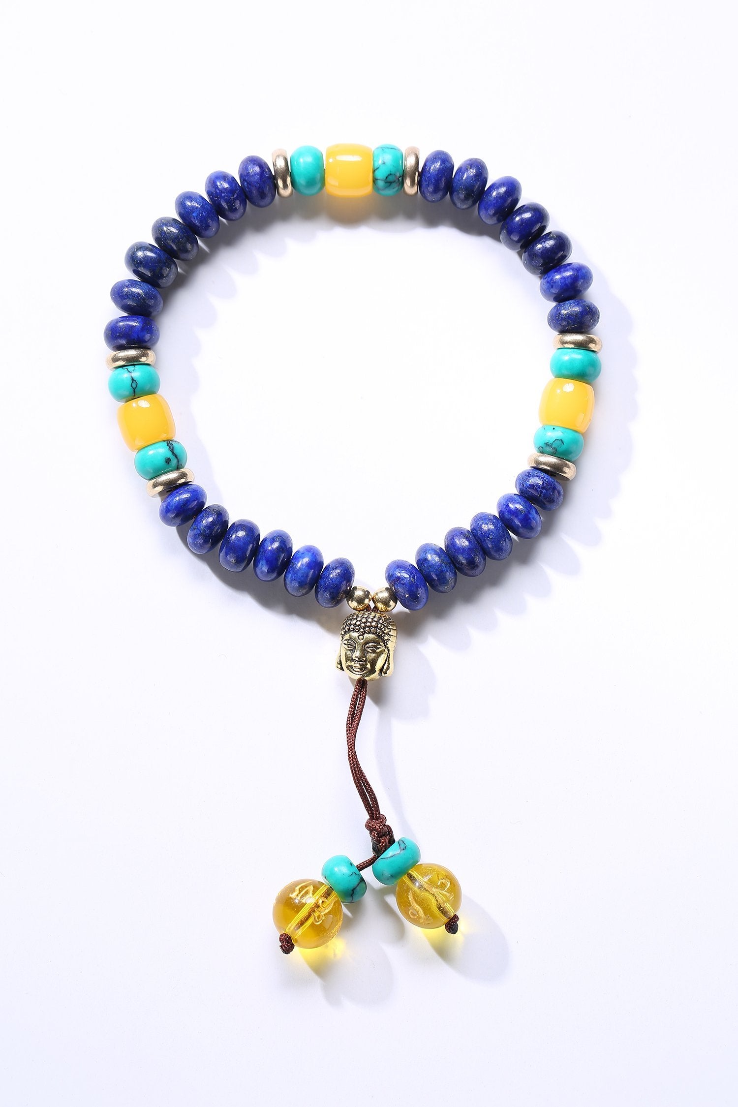 Flat Natural Lapis Lazuli Stone With 6 Syllable Mantra Tassel and Buddha Head Charm Mala Bracelet
