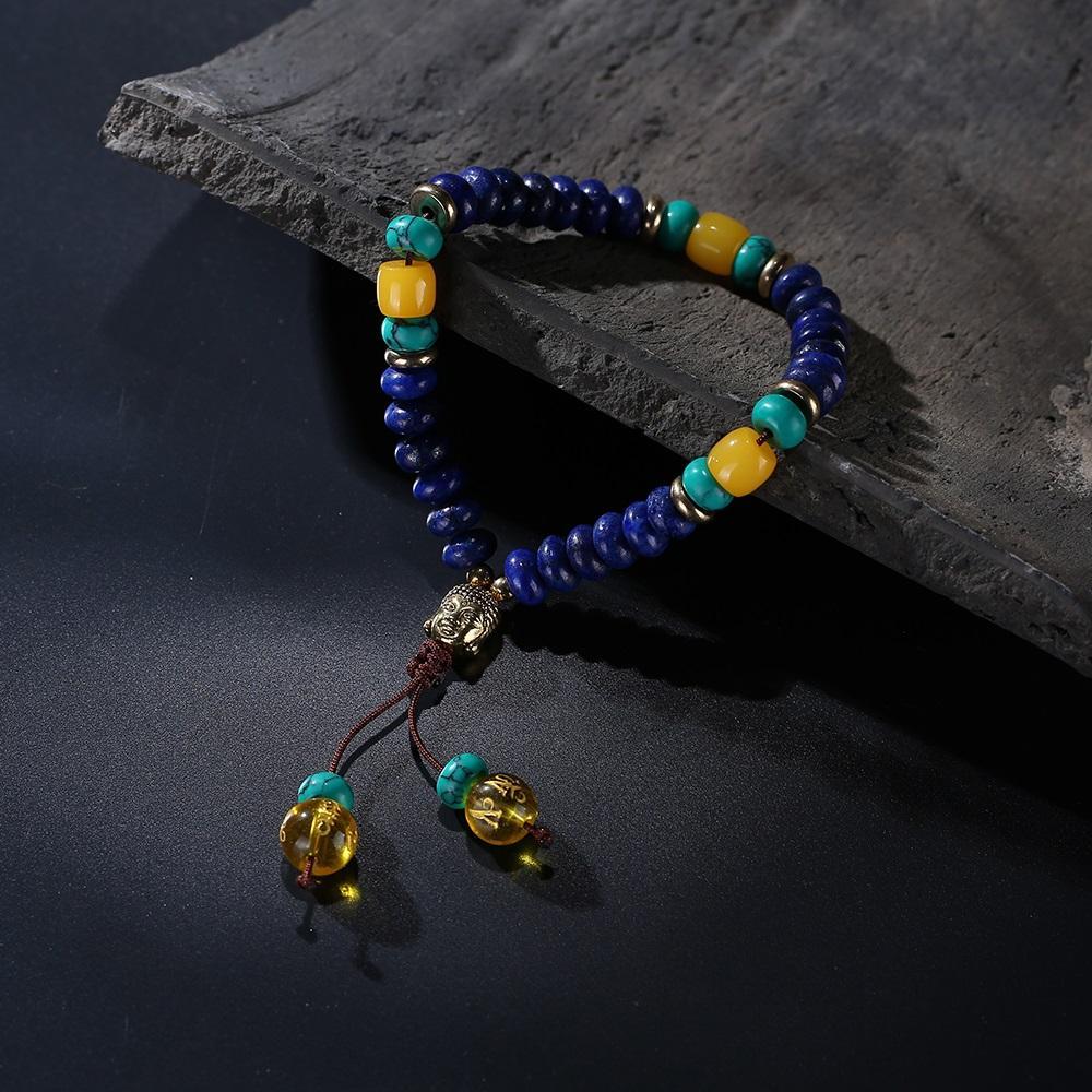 Flat Natural Lapis Lazuli Stone With 6 Syllable Mantra Tassel and Buddha Head Charm Mala Bracelet