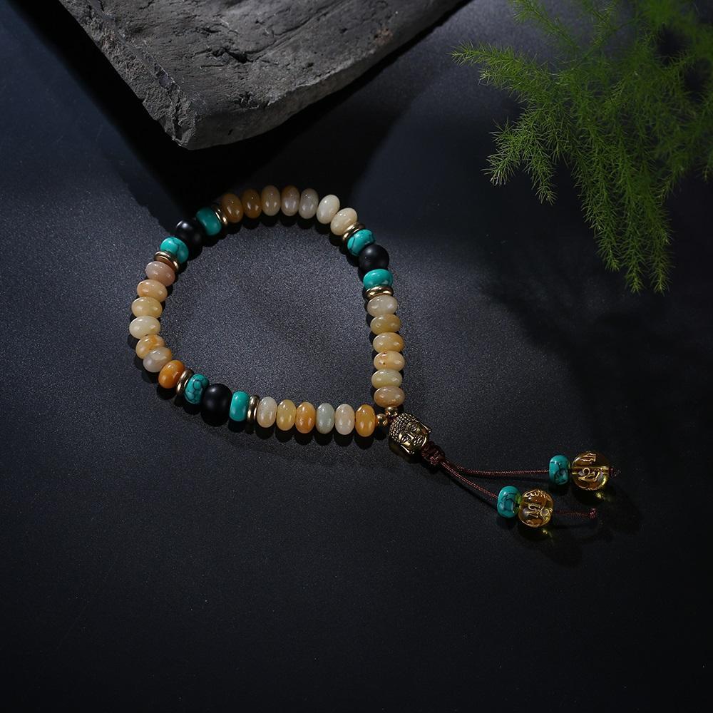 Flat Natural Lapis Lazuli Stone With 6 Syllable Mantra Tassel and Buddha Head Charm Mala Bracelet