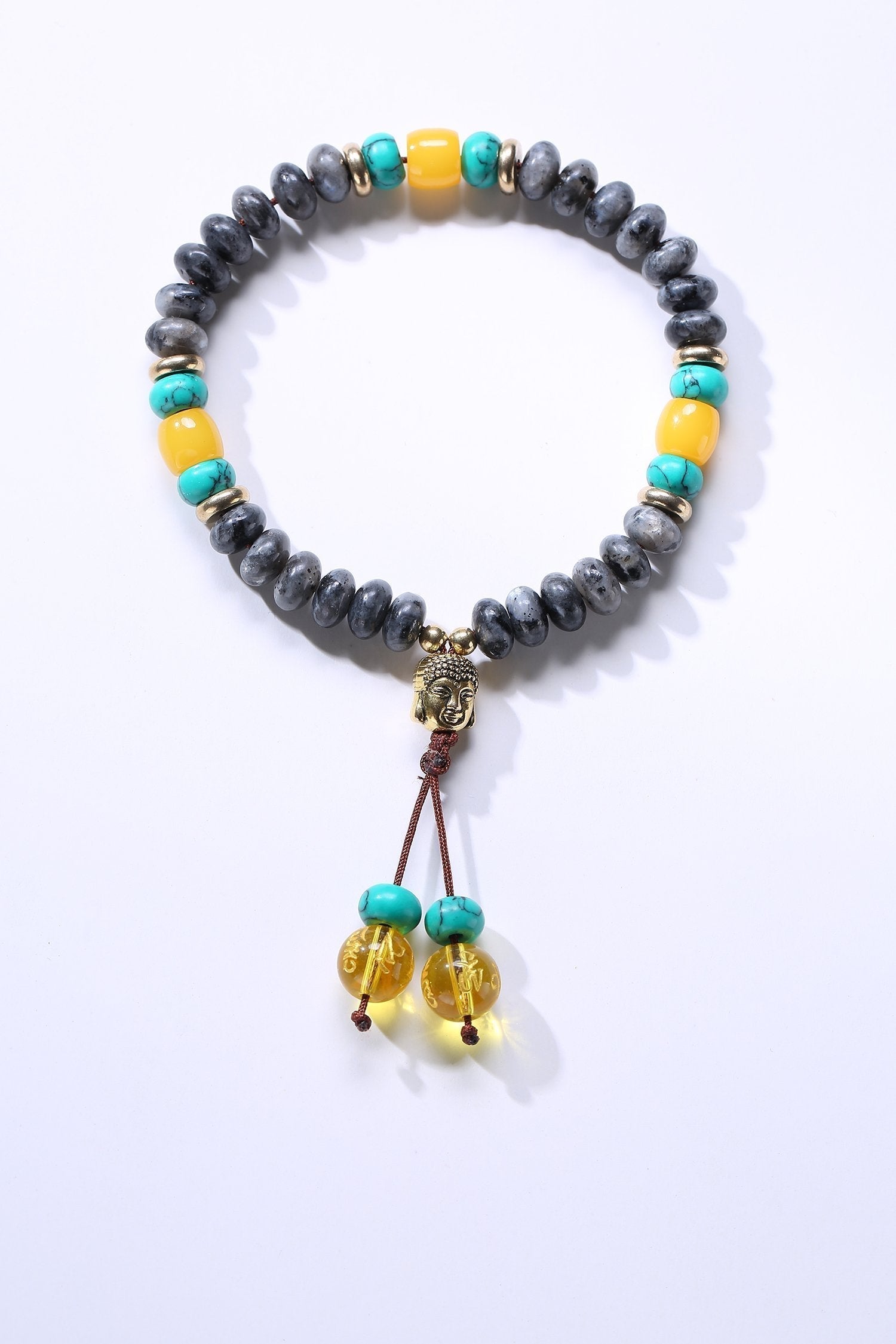 Flat Natural Lapis Lazuli Stone With 6 Syllable Mantra Tassel and Buddha Head Charm Mala Bracelet