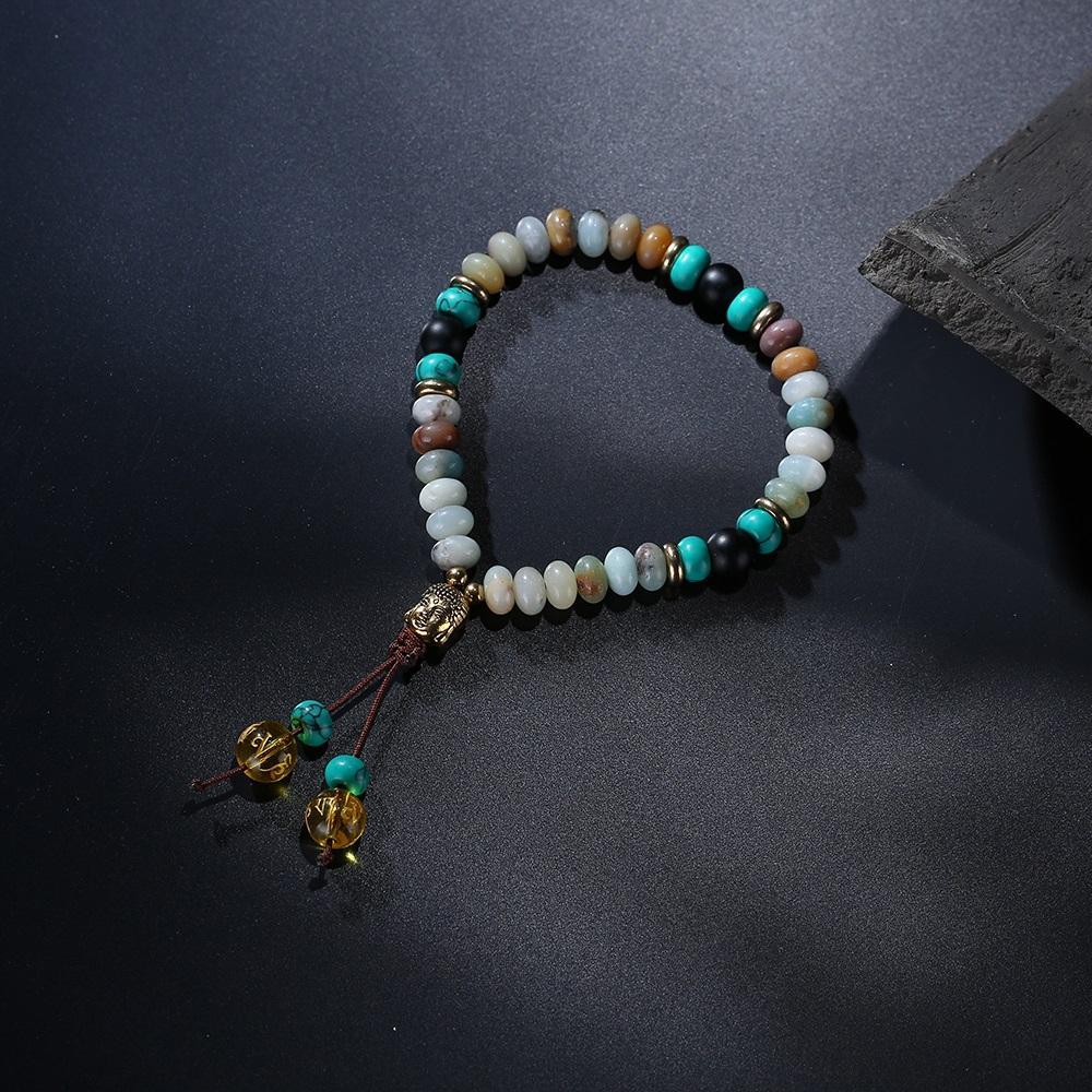Flat Natural Lapis Lazuli Stone With 6 Syllable Mantra Tassel and Buddha Head Charm Mala Bracelet