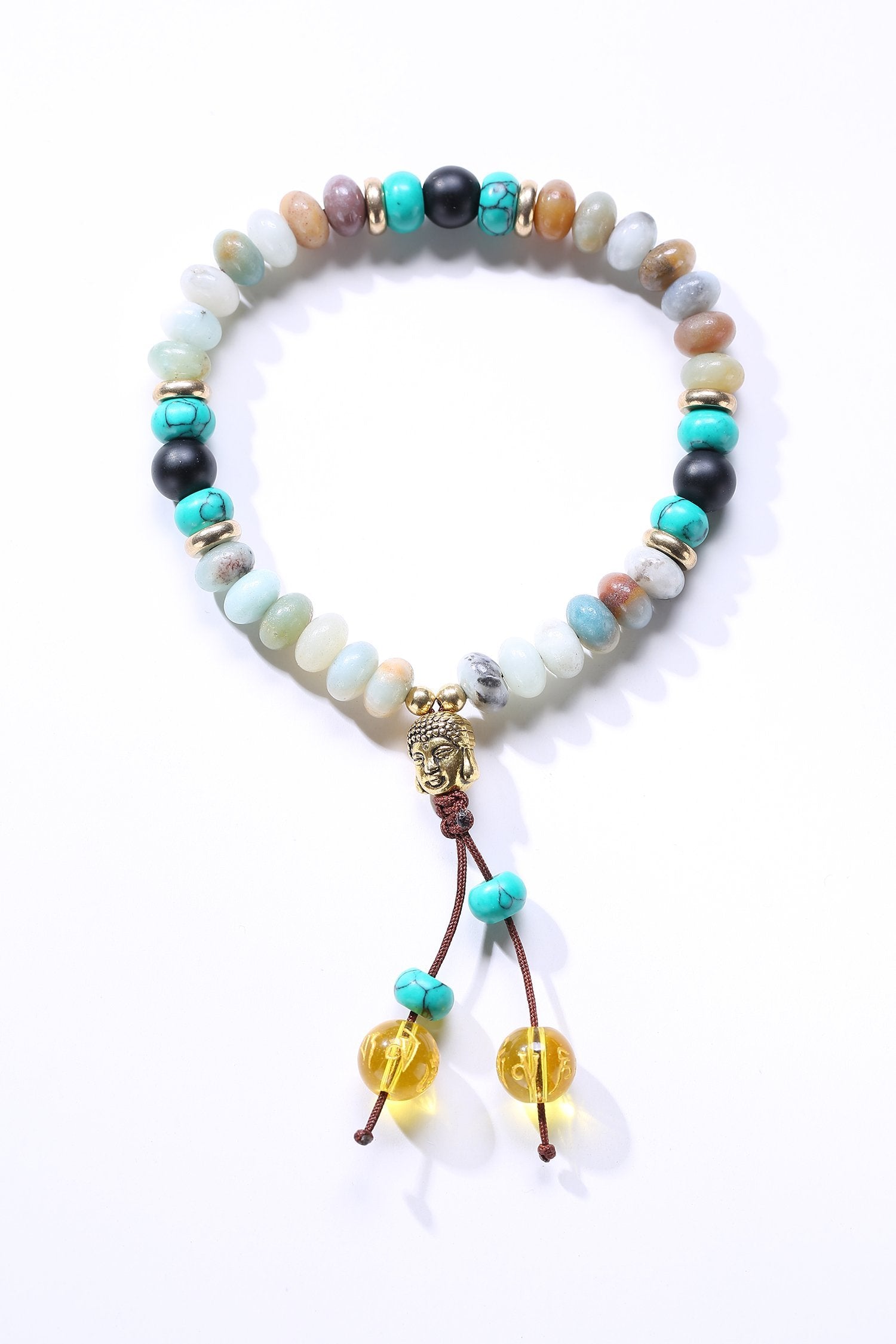Flat Natural Lapis Lazuli Stone With 6 Syllable Mantra Tassel and Buddha Head Charm Mala Bracelet